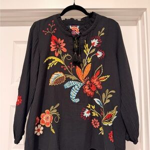 SOLD - Johnny Was Isabella Field Black Blouse with Colorful Floral Embroidery